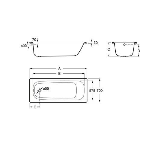 1600 x 700mm Steel Bath 2TH