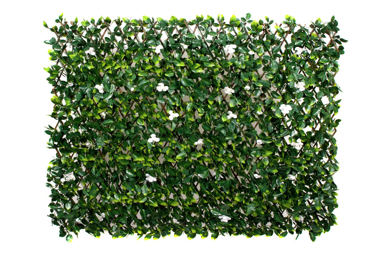 Artificial Willow Trellis Fence with Green Leaf Foliage and White Flowers 1m x 2m