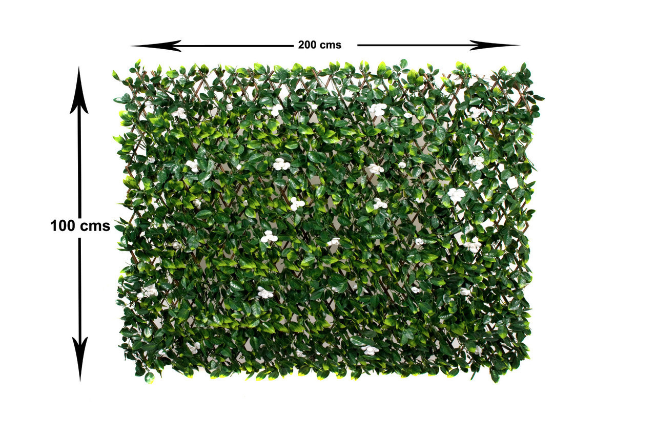 Artificial Willow Trellis Fence with Green Leaf Foliage and White Flowers 1m x 2m