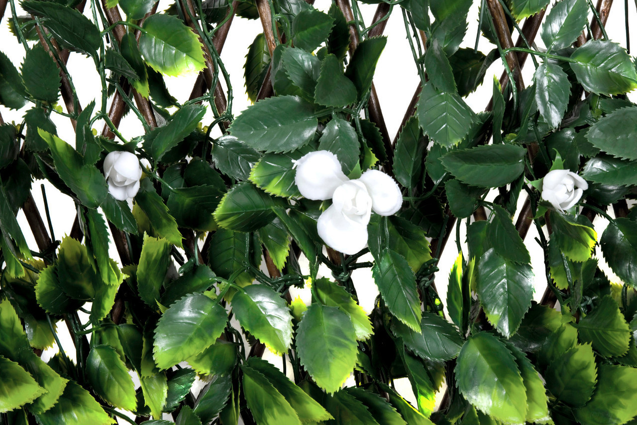 Artificial Willow Trellis Fence with Green Leaf Foliage and White Flowers 1m x 2m