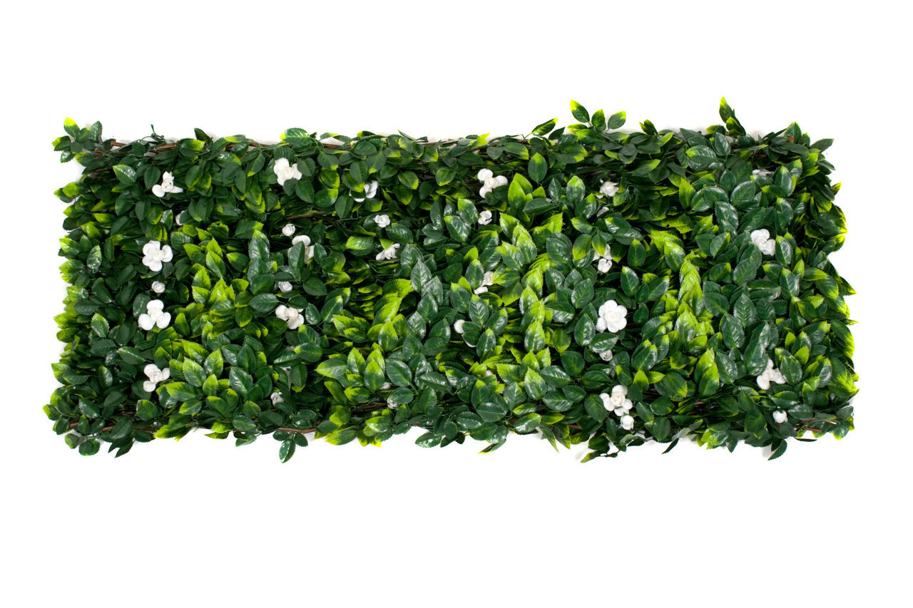 Artificial Willow Trellis Fence with Green Leaf Foliage and White Flowers 1m x 2m