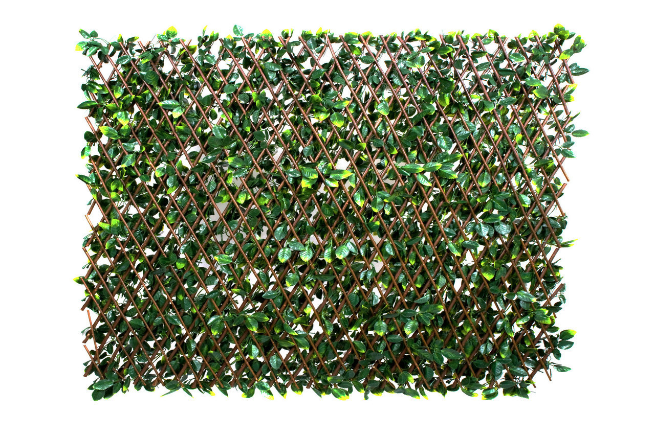 Artificial Willow Trellis Fence with Green Leaf Foliage and White Flowers 1m x 2m