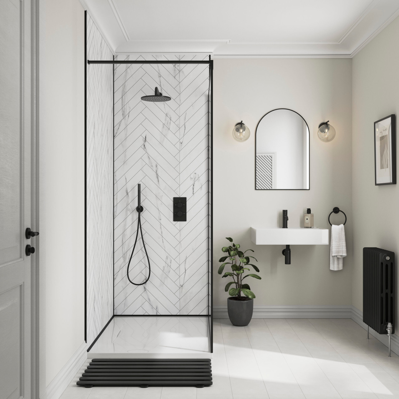 Showerwall - The Tile Collection White Marble Herringbone