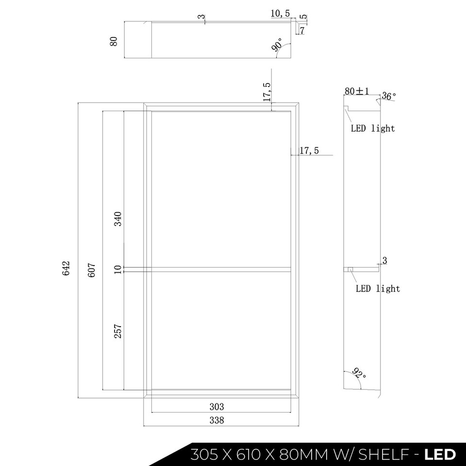 Thermopanel Stainless Steel Shower Niche with Optional LED - Stainless Steel (80mm Depth) 