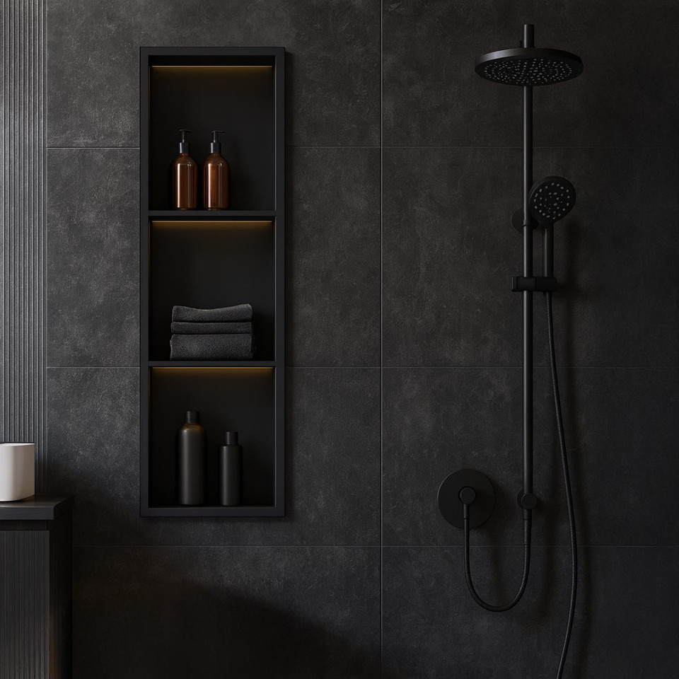 INSL8 Stainless Steel Matte Black Shower Niches – Shelved & Standard Options | With or Without LED Lighting