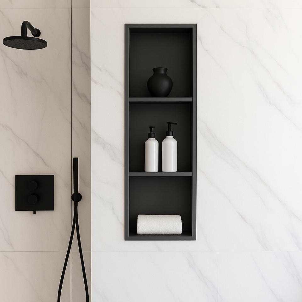 INSL8 Stainless Steel Matte Black Shower Niches – Shelved & Standard Options | With or Without LED Lighting