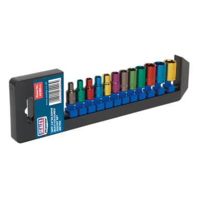 Sealey - Multi-Coloured Socket Set 12pc 1/4inchSq Drive 6pt WallDrive Metric