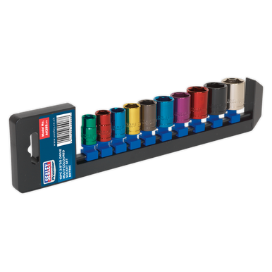 Sealey - Multi-Coloured Socket Set 10pc 3/8inchSq Drive 6pt WallDrive Metric