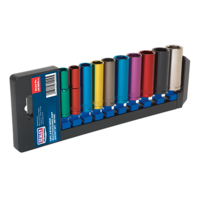 Sealey - Multi-Coloured Socket Set 10pc 3/8inchSq Drive 6pt Deep WallDri WallDrive Metric