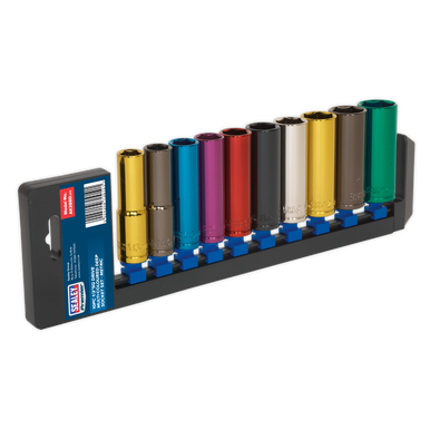Sealey - Multi-Coloured Socket Set 10pc 1/2inchSq Drive 6pt Deep WallDrive Metric