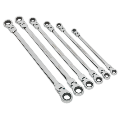 Sealey - Flexi-Head Double End Ratchet Ring Spanner Set 6pc Extra-Long Metric