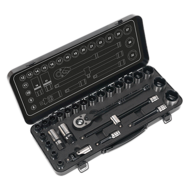 Sealey - Socket Set 28pc 1/2inchSq Drive 6pt WallDrive Metric Black Series