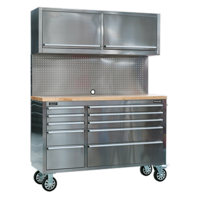 Sealey - Mobile Stainless Steel Tool Cabinet 10 Drawer with Backboard and 2 Wall Cupboards