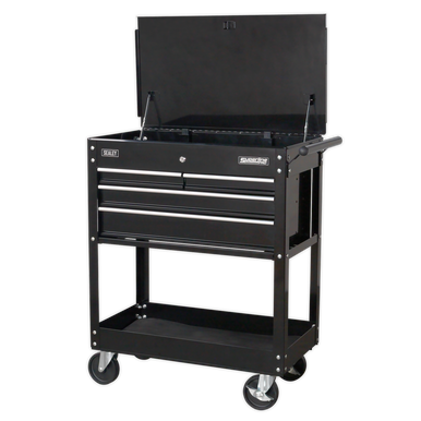 Sealey - Heavy-Duty Mobile Tool and Parts Trolley with 4 Drawers and Lockable Top Black
