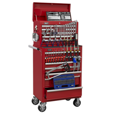 Sealey - Topchest and Rollcab Combination 15 Drawer with Ball Bearing Slides Red and 147pc Tool Kit
