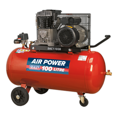 Sealey - Compressor 100L Belt Drive 3hp with Cast Cylinders and Wheels