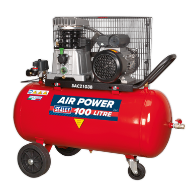 Sealey - Compressor 100L Belt Drive 3hp with Cast Cylinders and Wheels SAC2103B