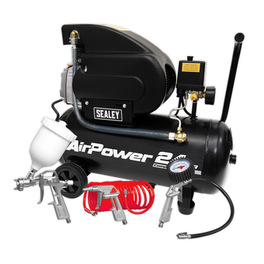 Sealey - Compressor 24L Direct Drive 2hp with 4pc Air Accessory Kit