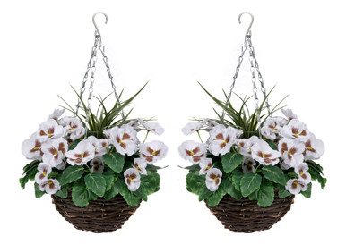 2 X Artificial Hanging Baskets with White Pansies and Decorative Grasses