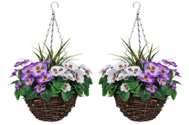 2 X Artificial Hanging Baskets Purple and White Pansies and Decorative Grasses