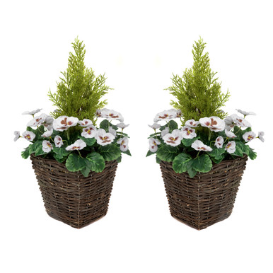 2 x Artificial Rattan Patio Planters with White Pansies and Cedar Conifer