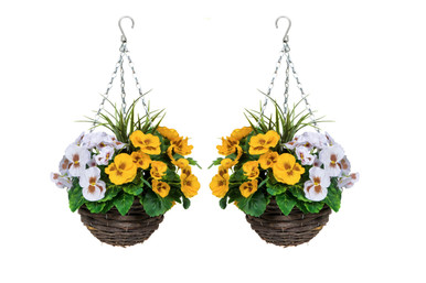 2X Artificial Hanging Baskets with Yellow and White Pansies and Decorative Grasses