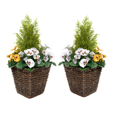 2 x Artificial Rattan Patio Planters with Yellow and White Pansies Cedar Conifer