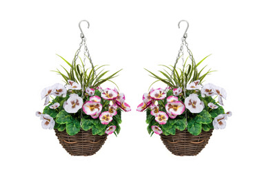 2 X Artificial Hanging Baskets with Soft Pink and White Pansies Decorative Grasses