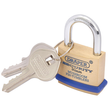 Draper - 30mm Solid Brass Padlock and 2 Keys with Mushroom Pin Tumblers Hardened Steel Shackle and Bumper