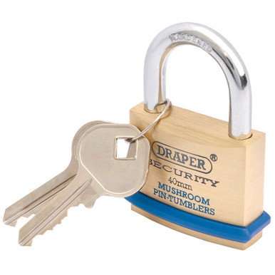 Draper - 40mm Solid Brass Padlock and 2 Keys with Mushroom Pin Tumblers Hardened Steel Shackle and Bumper