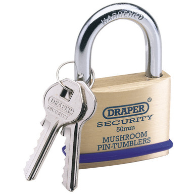 Draper - 50mm Solid Brass Padlock and 2 Keys with Mushroom Pin Tumblers Hardened Steel Shackle and Bumper