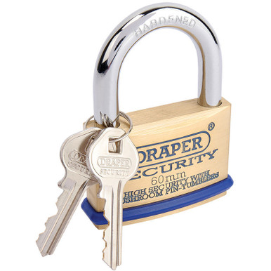 Draper - 60mm Solid Brass Padlock and 2 Keys with Mushroom Pin Tumblers Hardened Steel Shackle and Bumper