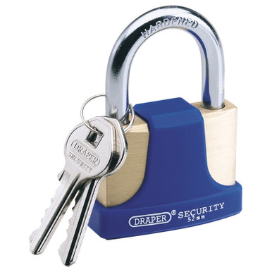 Draper - 52mm Solid Brass Padlock and 2 Keys with Hardened Steel Shackle and Bumper