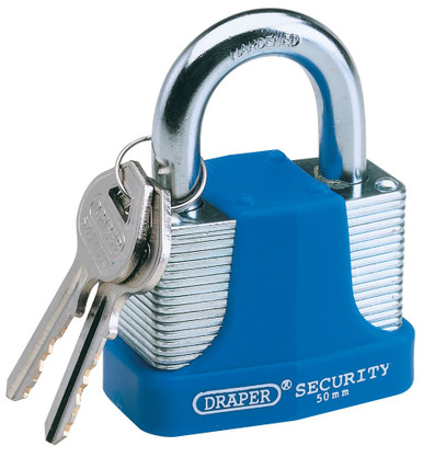 Draper - 65mm Laminated Steel Padlock and 2 Keys with Hardened Steel Shackle and Bumper