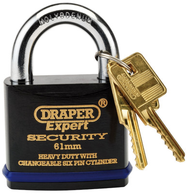 Draper - 61mm Heavy Duty Padlock and 2 Keys with Super Tough Molybdenum Steel Shackle