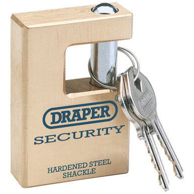 Draper - 63mm Quality Close Shackle Solid Brass Padlock and 2 Keys with Hardened Steel Shackle