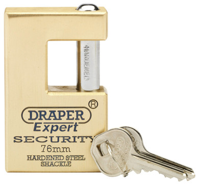 Draper - 76mm Quality Close Shackle Solid Brass Padlock and 2 Keys with Hardened Steel Shackle