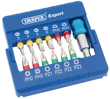 Draper - Coloured Screwdriver Bit Set With Magnetic Holder 13 Piece
