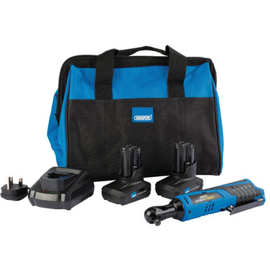 Draper - Draper - Storm Force 10.8V Power Interchange Reversible Ratchet Kit plus2x 4Ah Batteries Charger and Bag