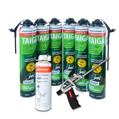 6 Cans of Taiga 700ml, 1 Penosil C1 Foam Applicator Gun and 1 Can of Foam/Gun Cleaner