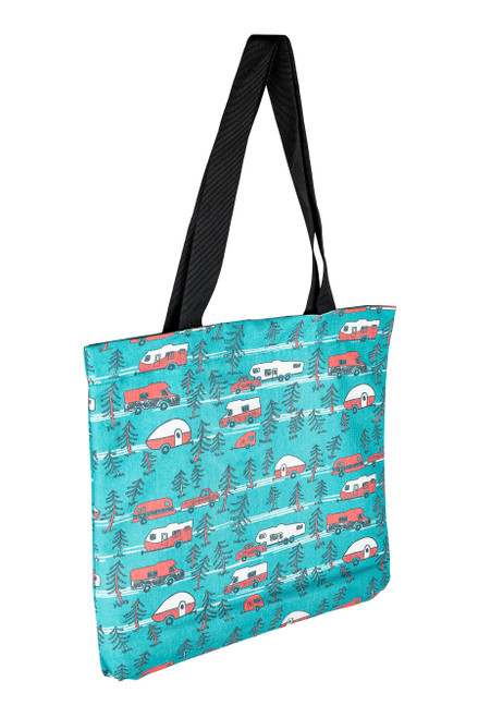 Life is Better at the Campsite Tote Bag, RV Sketch Pattern on Teal