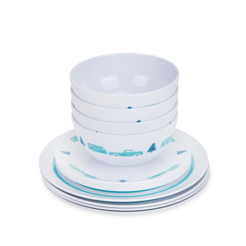 Life is Better at the Campsite 12-Piece Melamine Dinnerware Set - Blue RV/Trees