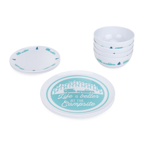 Life is Better at the Campsite 12-Piece Melamine Dinnerware Set - Blue RV/Trees