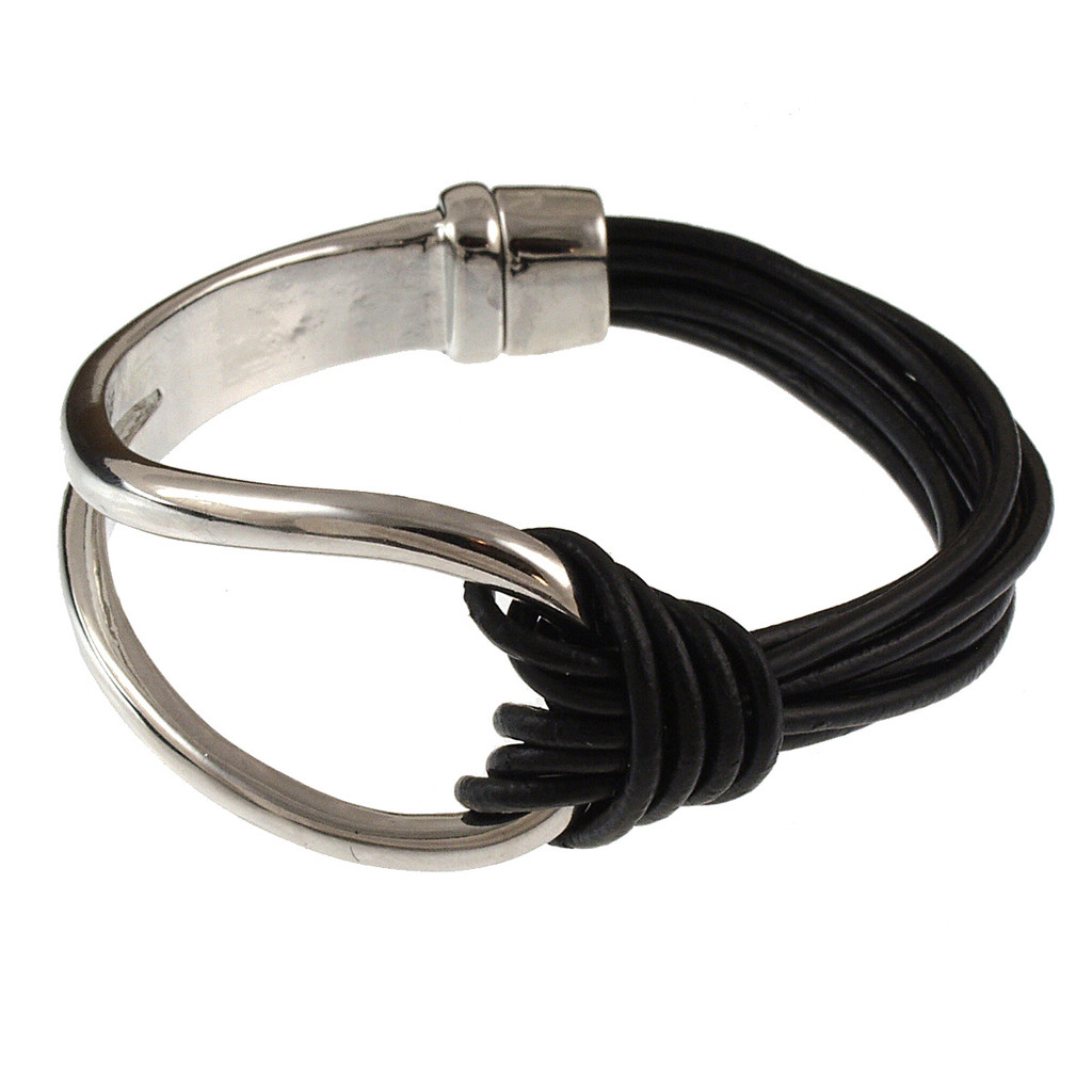 6065-4 - Matte Silver/Black Leather Magnetic Bracelet