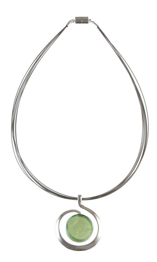 3257-3 - Shiny Silver/Lime Green Swirl Necklace