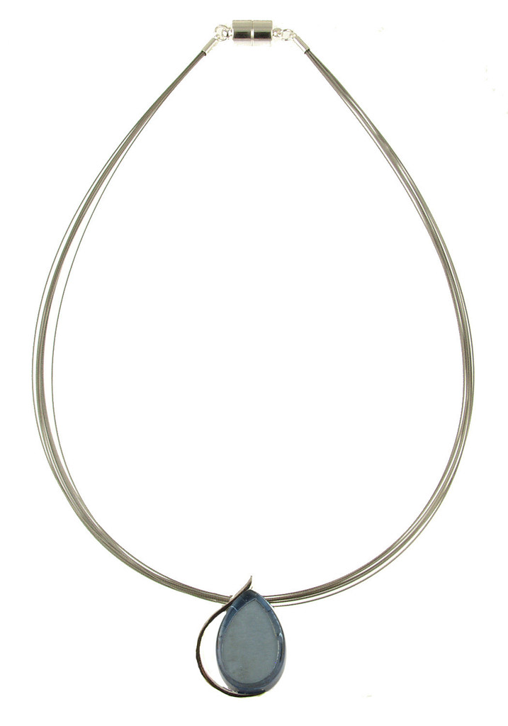743-2 - SHINY SILVER/LIGHT BLUE TEARDROP PENDANT - 17"