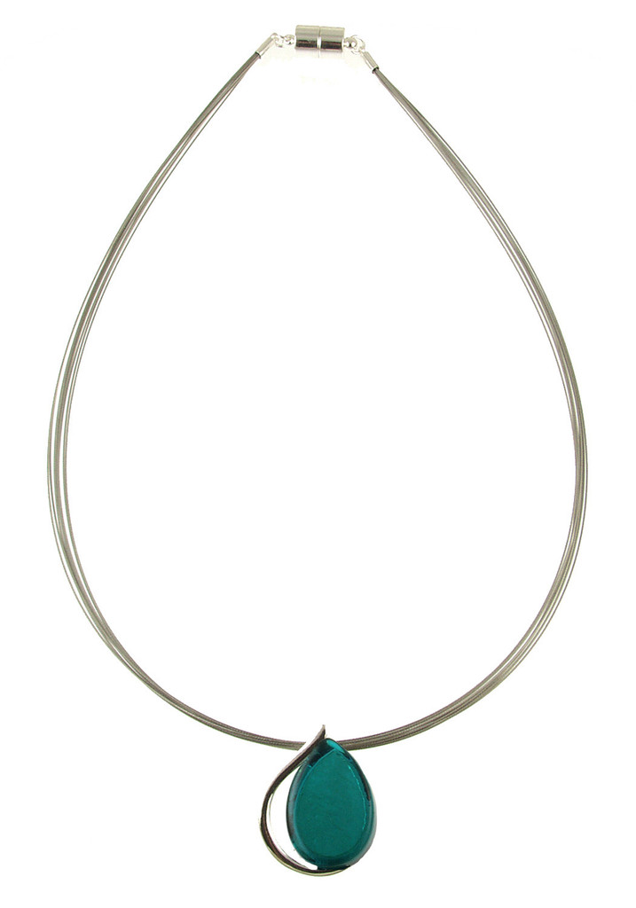 743-22 - SHINY SILVER/TURQUOISE TEARDROP PENDANT - 17"