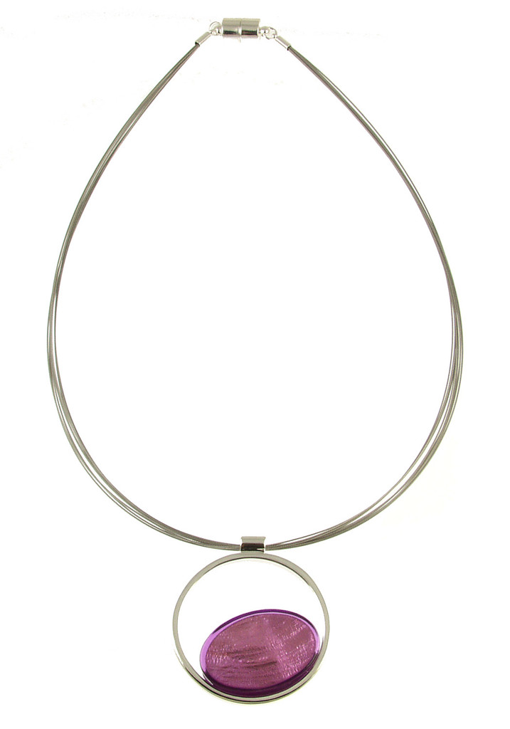 374-4 - SHINY SILVER/PURPLE CIRCLE PENDANT - 17"