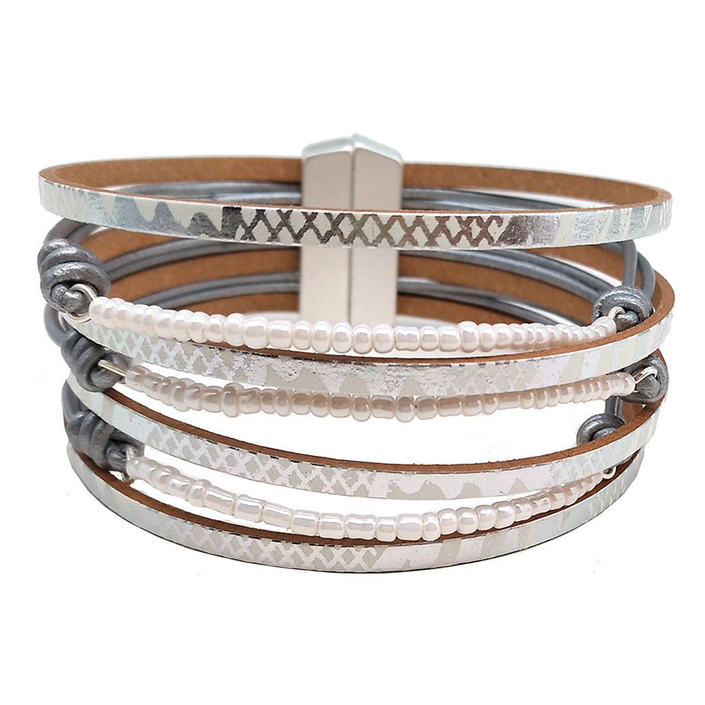 6465--1 - MATTE SILVER/LIGHT GREY METALLIC PRINT/WHITE BEADED BRACELET - 7.25"