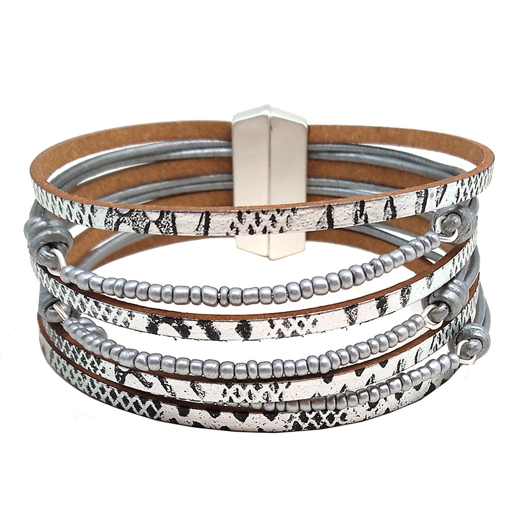 6465-64 - MATTE SILVER/LIGHT GREY METALLIC PRINT/GREY BEADED BRACELET - 7.25"